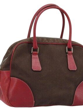 PRADA Hand Bag Canvas Brown Silver Auth YKZ137